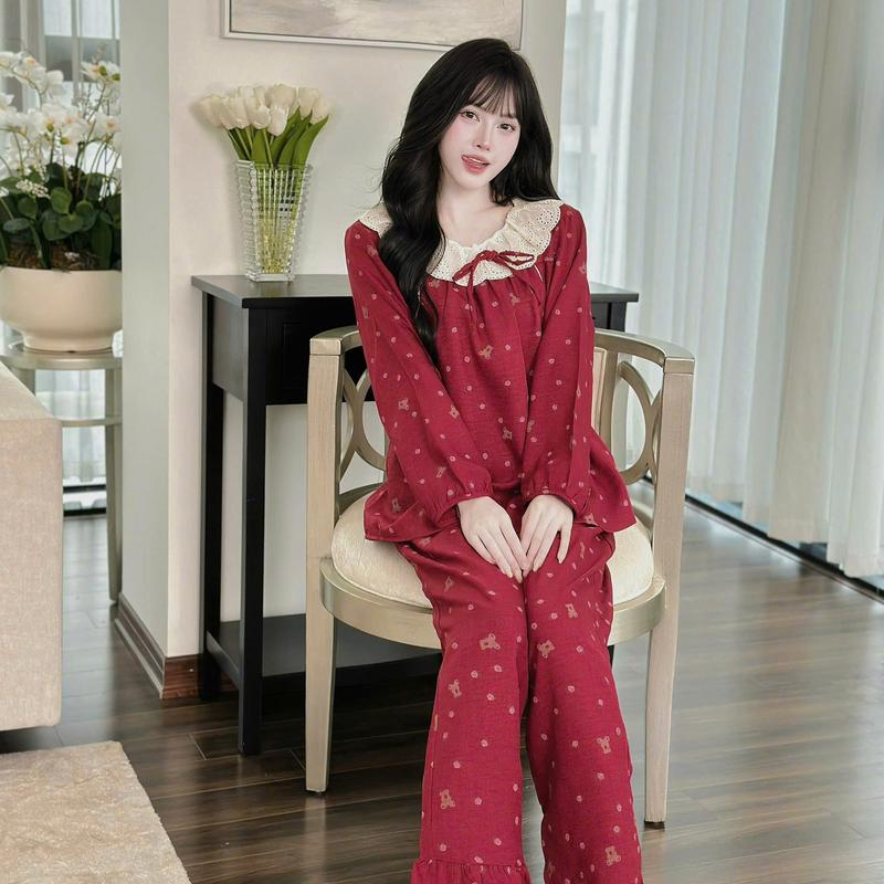 ( Bigsize 45- 100kg) bộ đồ bầu và sau sinh bigsize chất đũi vân mây phối ren cổ cực đẹp