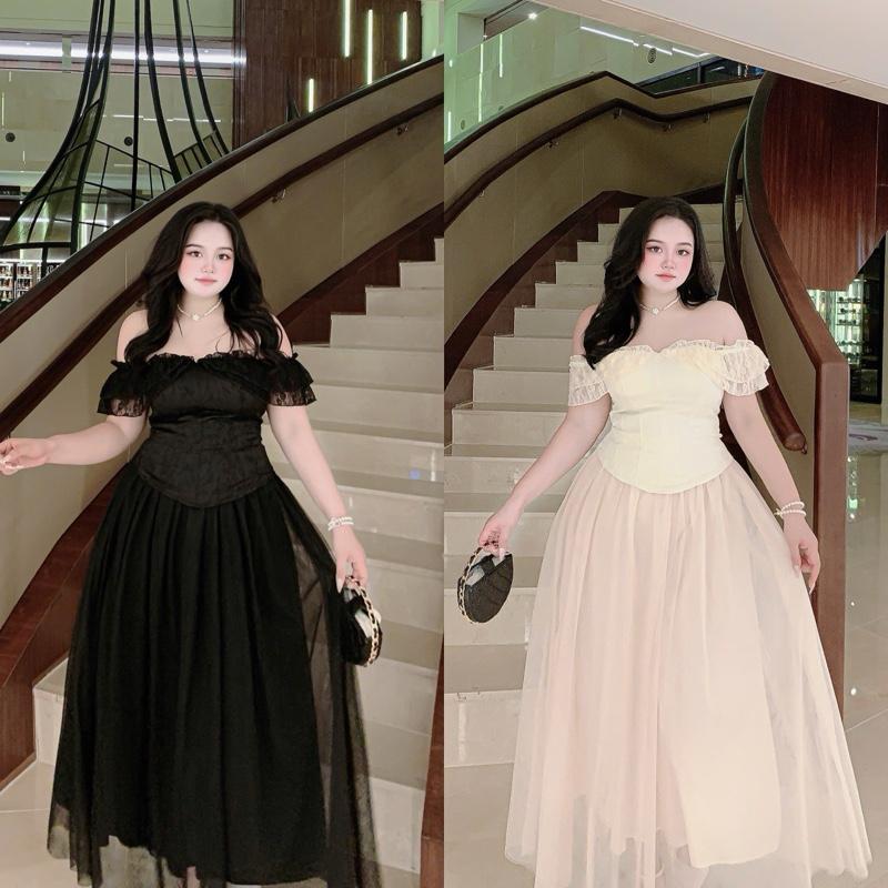 Mèo Mỡ Bigsize — Set bộ thời trang áo gấm croset trễ vai ren kèm chân váy ren lưới xoè dáng dài bigsize 60-90kg