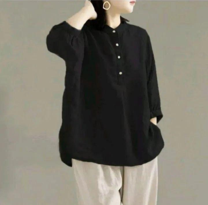 Blouse Wanita Jumbo katun linen Kerah Shanghai Kemeja Lengan 3/4 baju  Atasan Linen Oversize Casual Santai Terbaru 7