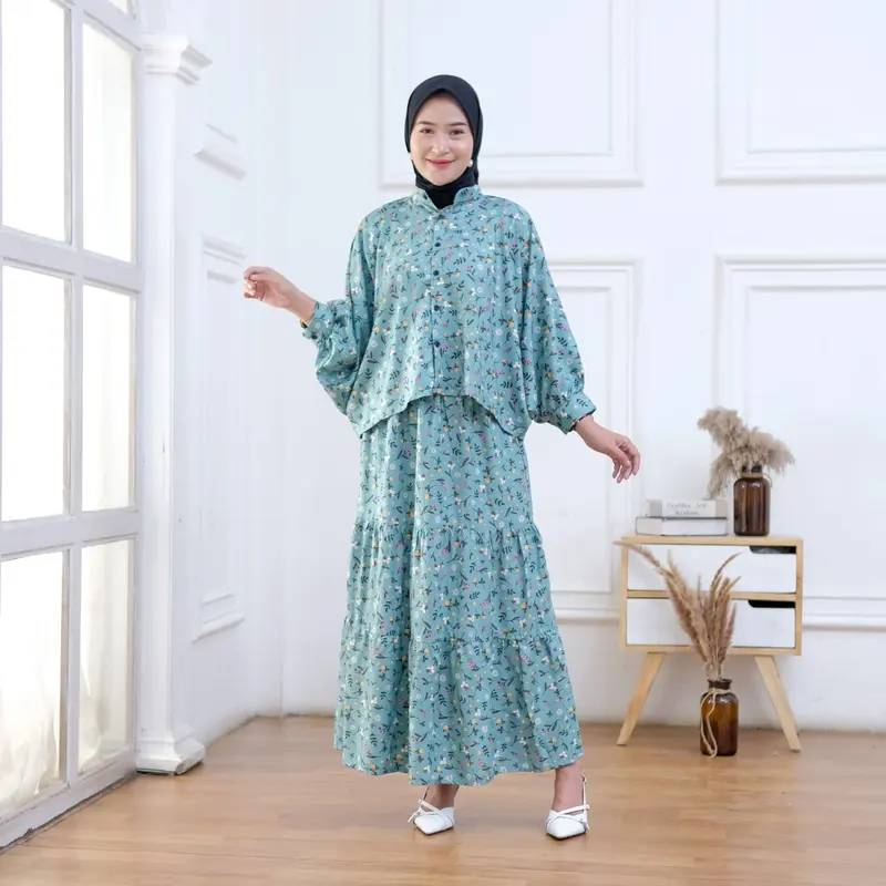 Setelan NAURA 0ne set baju dan rok Motif Kekinian Busui Friendly Wanita   Rayon Batwing Kancing Panjang Twill Lembut Viscose Atasan Nyaman Kerah Celana Bawahan 4