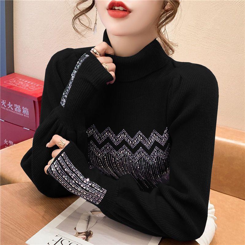 Product Introduction of Solid Color Diamonds Turtleneck  Sweaters Autumn Winter Female Commute Fashion Lantern Sleeve Thick Knitted Jumpers 9