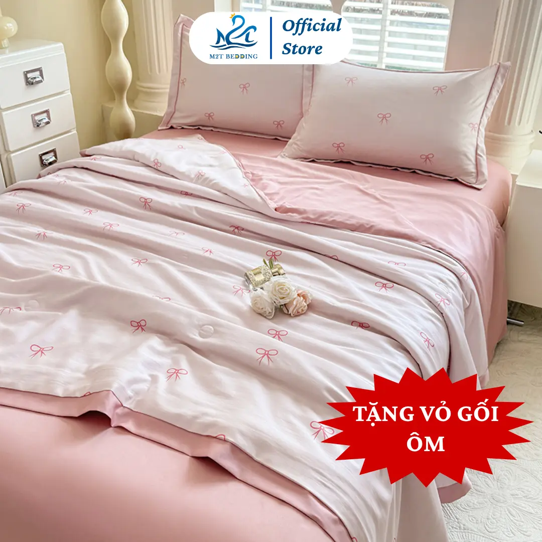 [TẶNG VỎ GỐI ÔM] Bộ chăn ga gối LỤA THÁI 9D M2T BEDDING mềm, mịn, mát - chăn chần bông mỏng cho mùa hè, ga giường và 2 vỏ gối nằm