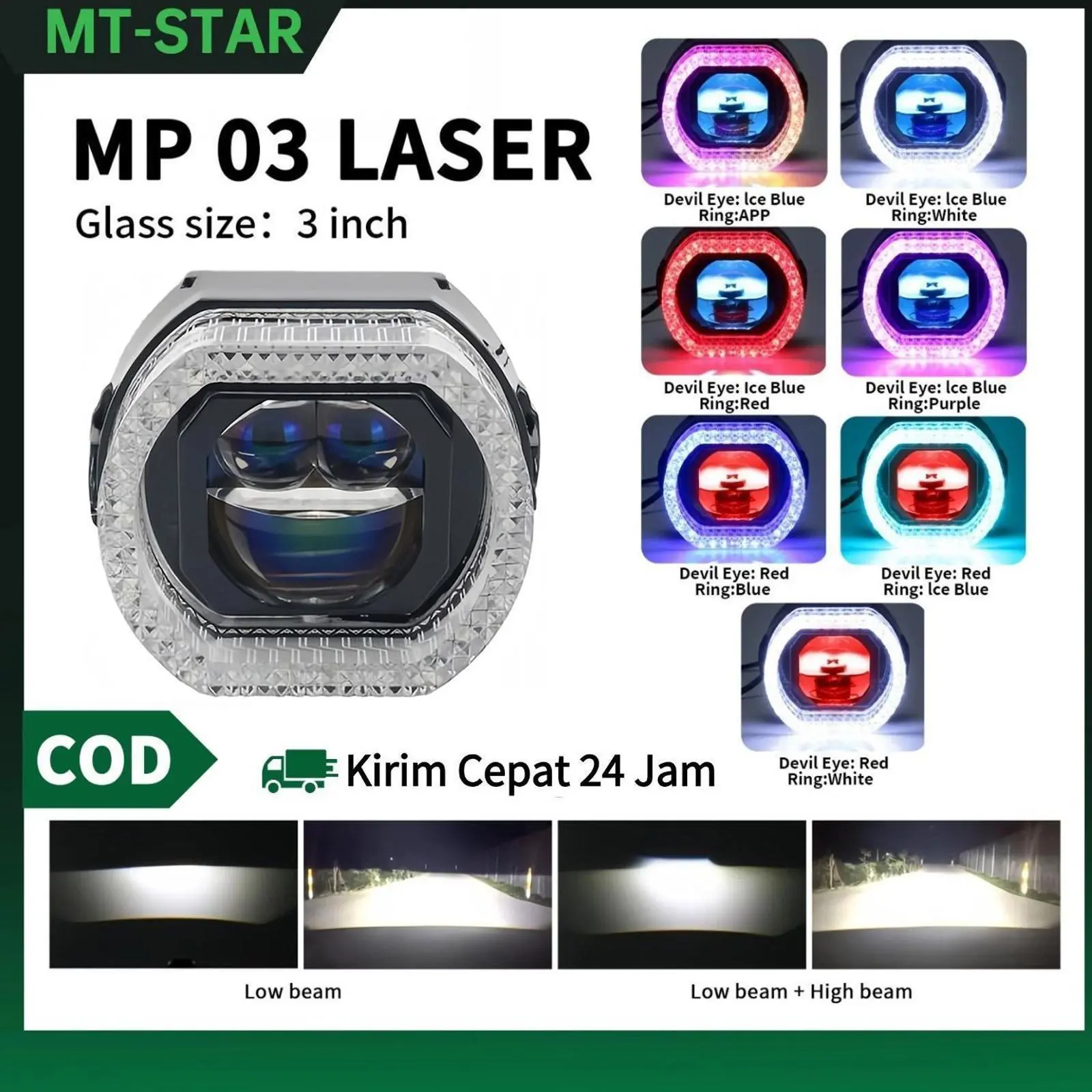 MT-STAR - MP03 LASER PROJIE BILED MATRIX LASER 3 INCH BLUE LENS BODY BLACK TURBO FAN COOLING