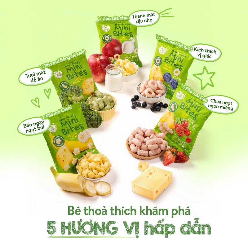 Bánh Ăn Dặm Mini Bites Mămmy (Phô Mai Dâu, Phô Mai Bông Cải Xanh, Phô Mai Chuối, Phô Mai Việt Quất, Táo Sữa Chua) Hỗ Trợ Tập Nhai, Giàu Canxi Cho Bé Từ 6 Tháng, Gói 15g