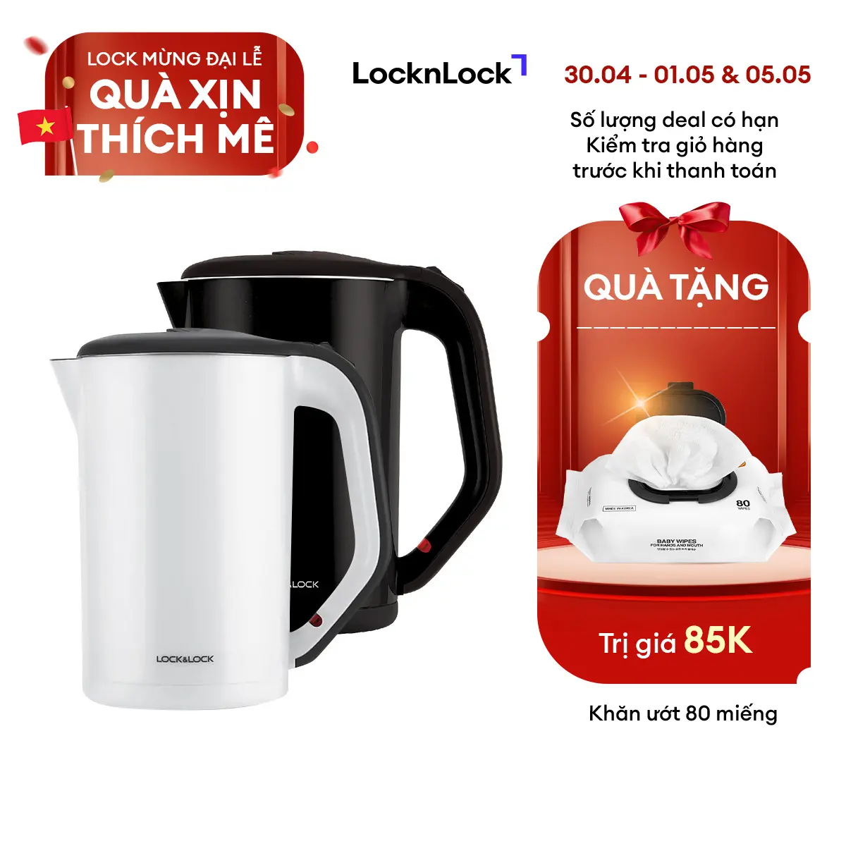 Bình Đun Nước Siêu Tốc LocknLock EJK738 - Trắng/Đen - Dung tích 1.7L - Công suất 1800W - Vật liệu thép không gỉ an toàn - Thân Ấm Siêu Tốc 2 lớp cách nhiệt