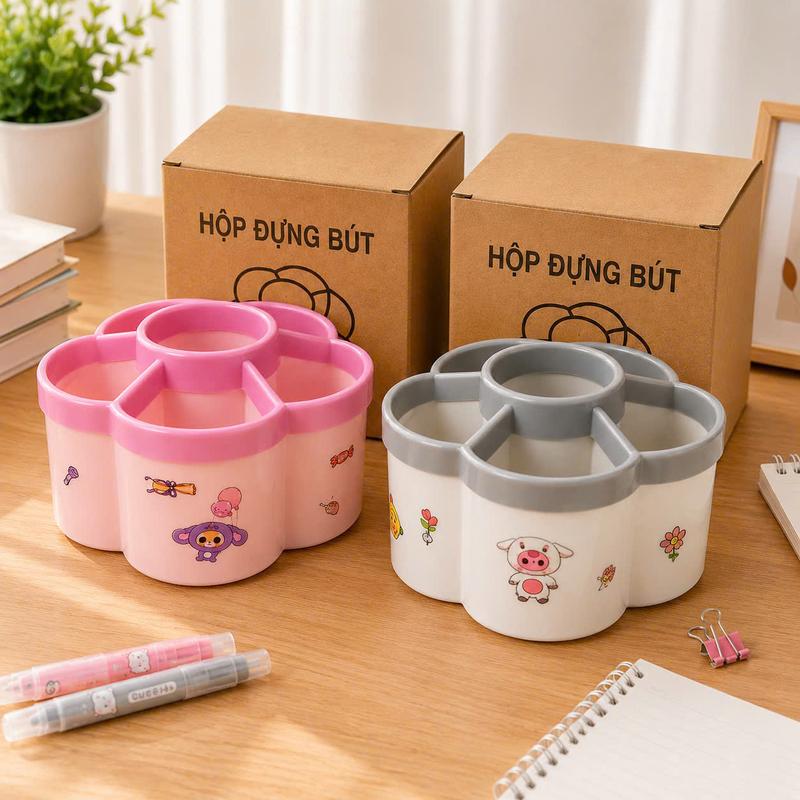 Hộp Đựng Bút Để Bàn Xoay 360 Độ, Khay Đựng Bút ~ Để Bàn Hình Bông Hoa 6 Ngăn, Thiết Kế Dê Thương vietthaihome
