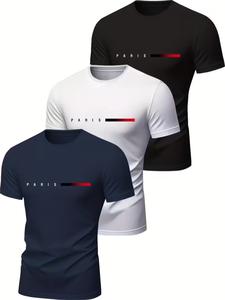 メンズ 速乾 半袖Tシャツ 3枚セット、文字デザインのスポーツウェア、軽量・通気性のランニング／ジム用トップス、カラー展開あり