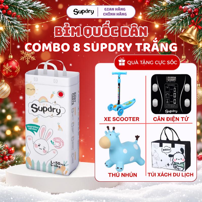COMBO 8 bịch Tã/Bỉm Supdry, Bỉm Supdry Trắng Siêu Thấm Hút, An Toàn và Khô Thoáng Cho Bé size NB, S, M, L, XL, XXL, XXXL, XXXXL cho bé từ 4kg - hơn 20kg + Quà tặng