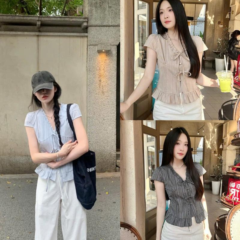 Áo sơ mi nữ hottrend cổ V cột nơ dáng ôm vải linen thô tay ngắn trẻ trung LAMO - B1451