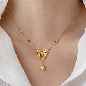 DYD Fashion Necklaces for Women Sweet Bow Heart Pendant Necklace Stainless Steel Non Fade Jewelry Daily Accessories Gift