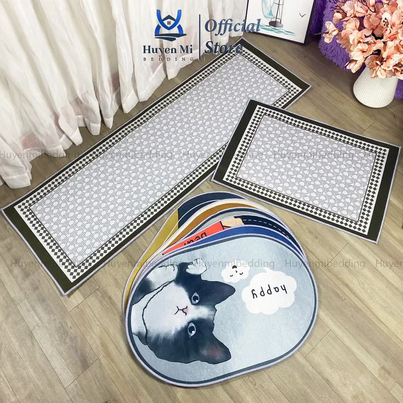 Huyền Mi Bedding Combo 1 Bộ Thảm Bếp 2 Tấm Theo Mẫu 40x120cm & 6 Tấm Thảm Lau Chân Ngẫu Nhiên Chất Nỉ Lì Chống Trơn Trượt Cao Su TPR Giữ Bụi Hiệu Quả 0