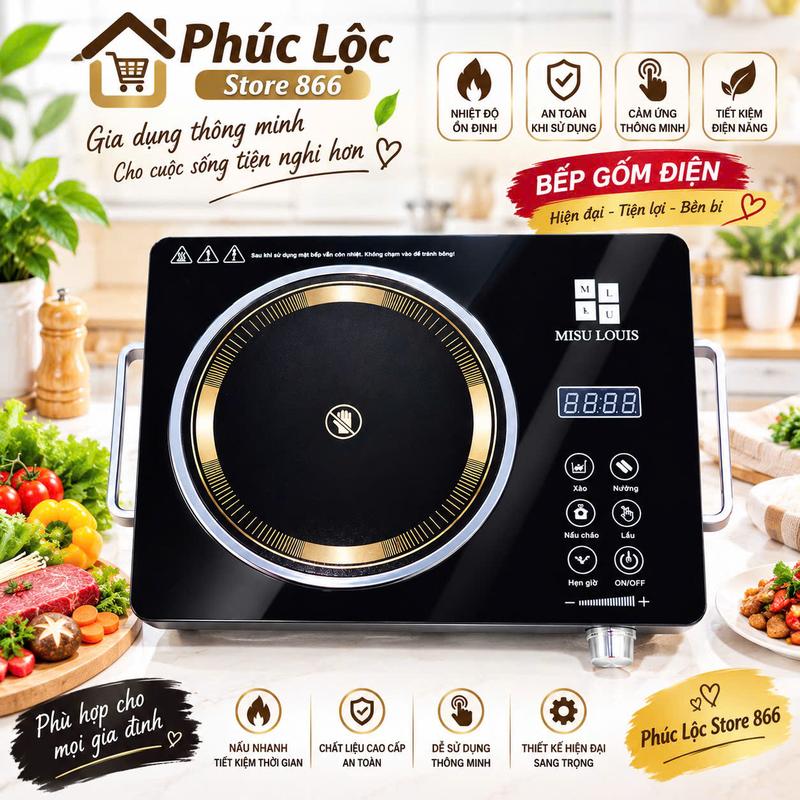Bếp Hồng Ngoại Gốm Misu Cao Cấp Màn Hình Cảm Ứng, Mặt Kính Cường Lực, Công Suất 3500W Dùng Được Mọi Loại Nồi