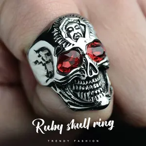 COD Tren Fashion Cincin Bentuk Tengkorak Vintage Batu Bertatahkan Rubi untuk Pria ZEN