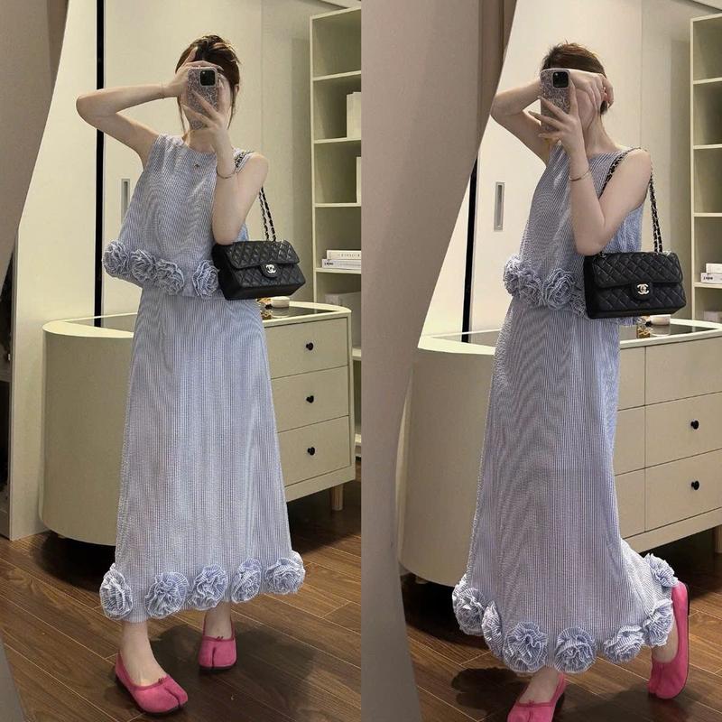 ( Đính Hoa To ) Set Váy Hoa Kẻ Xanh Tiểu Thư Chân Váy Midi Dài Nhẹ Nhàng Sang Trọng Top Nữ