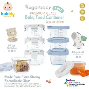 SUGAR BABY Glass Baby Mpasi Food Container | Jar Tempat Wadah Mpasi Kaca Tahan Panas isi 3 Sugarbaby