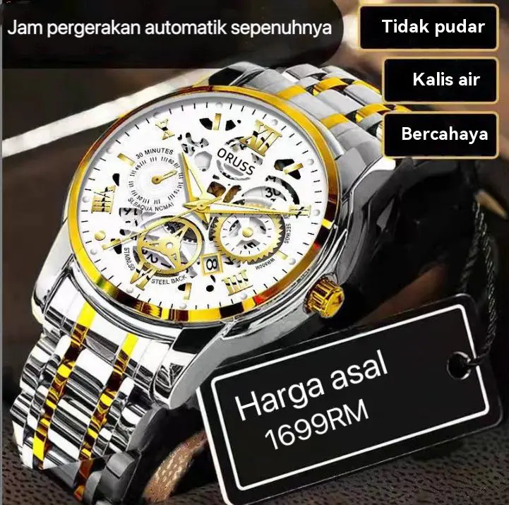 Jam Tangan Lelaki, Buatan Swiss Tulen, Mekanisme Swiss, Kalis Air, Dail Berkilau, Tali Keluli Tahan Karat, Dail Lutsinar Berhias Berlian, Jam Tangan Fesyen, Sesuai untuk Perniagaan, Didatangkan dengan Kotak Hadiah