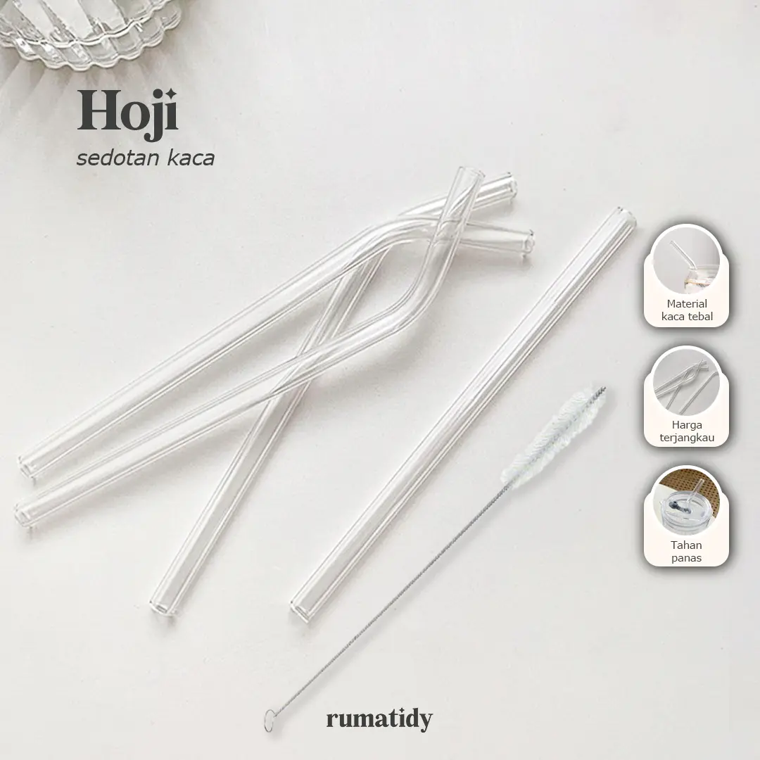 HOJI Sedotan Kaca Clear Bengkok/Lurus 18cm 20cm Sedotan Hitam Sikat Sedotan