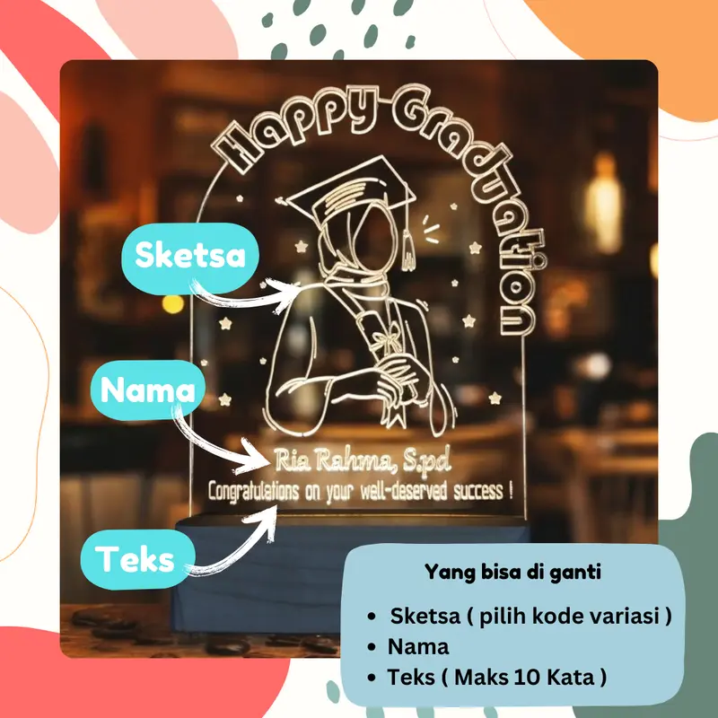 Novo Lampu Hias Akrilik Custom Kado Gift hadiah souvenir Wisuda wedding Graduation Birthday Anniversary Lampu Kamar Tidur Aesthetic 0