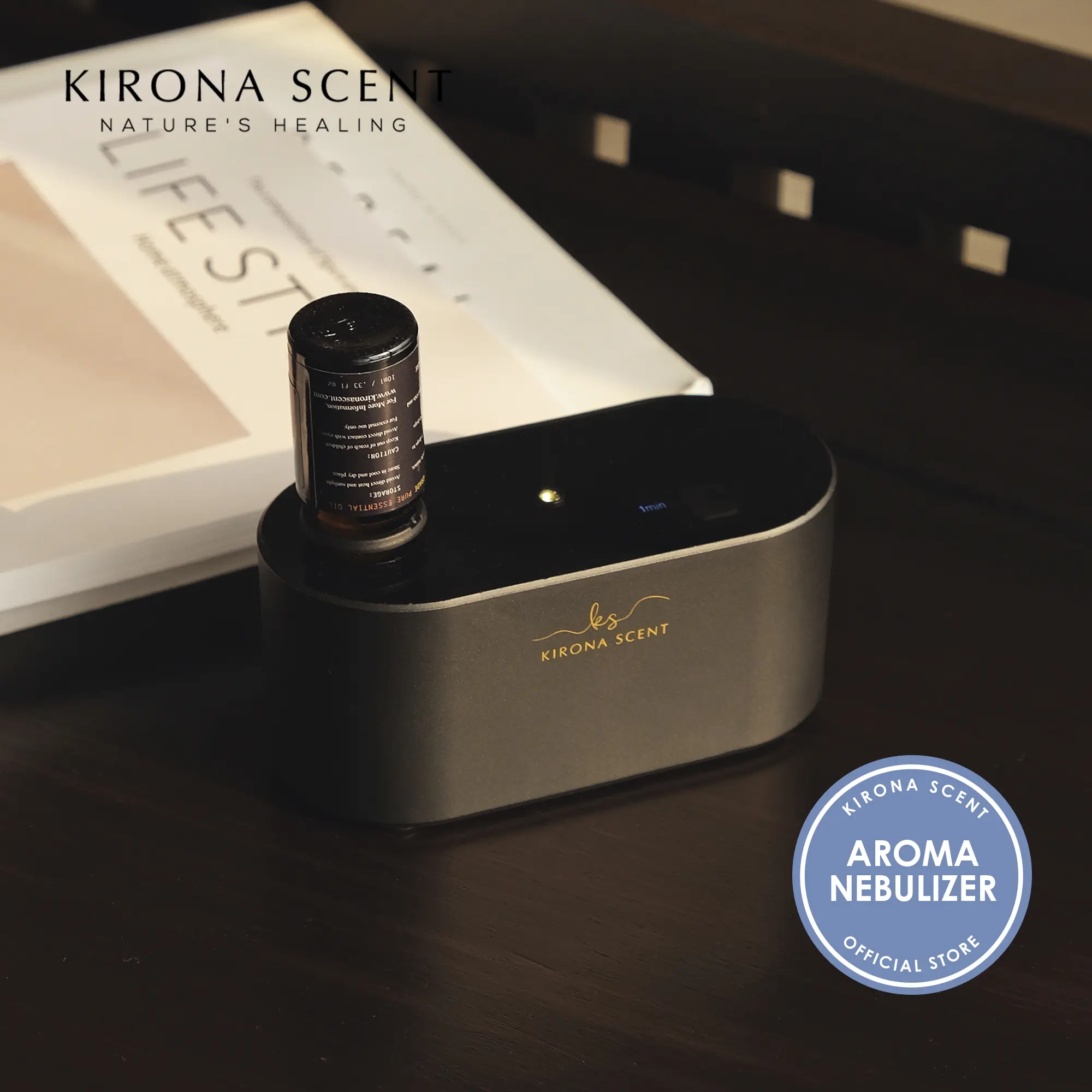 [KIRONA SCENT] Zen Aroma Nebulizer | Includes 10ml Pure Essential Oil | Aromatherapy Diffuser | Waterless & Wireless | Compact for Work and Study Desk, Bedrooms, Bathroom | Hotel & Shopping Mall Fragrances
