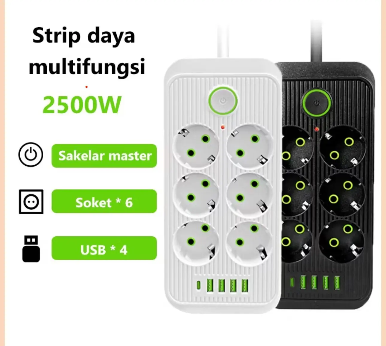 ALLIANCE Stopkontak USB Kabel Power Strip 2500W, 6 Colokan + 1 Tipe-C + 4 USB