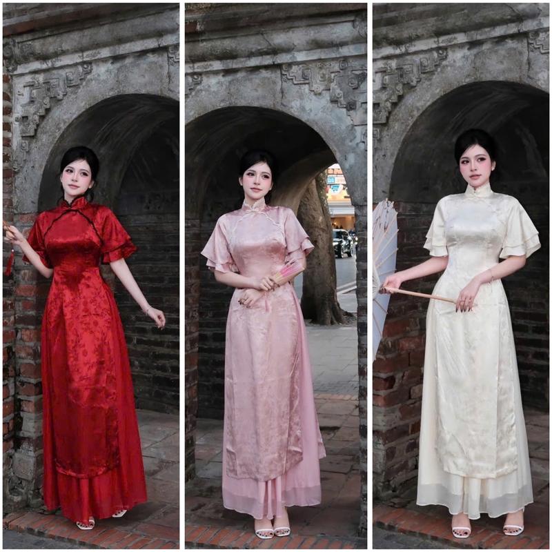  Sét đồ nữ 2 món áo dài nữ cách tân mặc tết cổ trụ viền ren phối tay ngắn loe kèm chân váy tơ dáng dài quý phái 