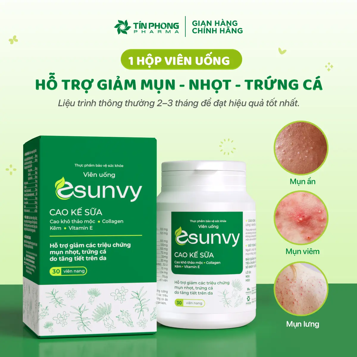 ESUNVY Viên Uống Giúp Giảm Mụn Nhọt Trứng Cá , Thanh Nhiệt Thải Độc. Tăng Cường Chức Năng Gan. Hộp 30 Viên