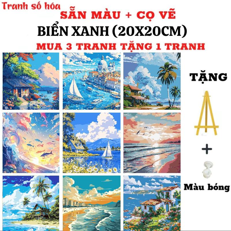  Tranh tô màu theo số phong cảnh BIỂN đã căng khung size 20x20cm  Mua 1 tranh Tặng 1 kệ để tranh 1 màu bóng màu tô cọ vẽ móc treo tranh mua 3 tranh tặng 1 tranh tặng 4 kệ gỗ 4 màu bóng 