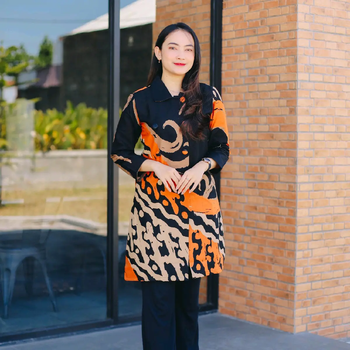 Tunik Batik 121  Nyaman Panjang Wanita Muslim Formal Hitam Dress Handprint Premium Kain Katun Halus Lapis Furing / Trikot Murah Kapas Brown Atasan Kerja