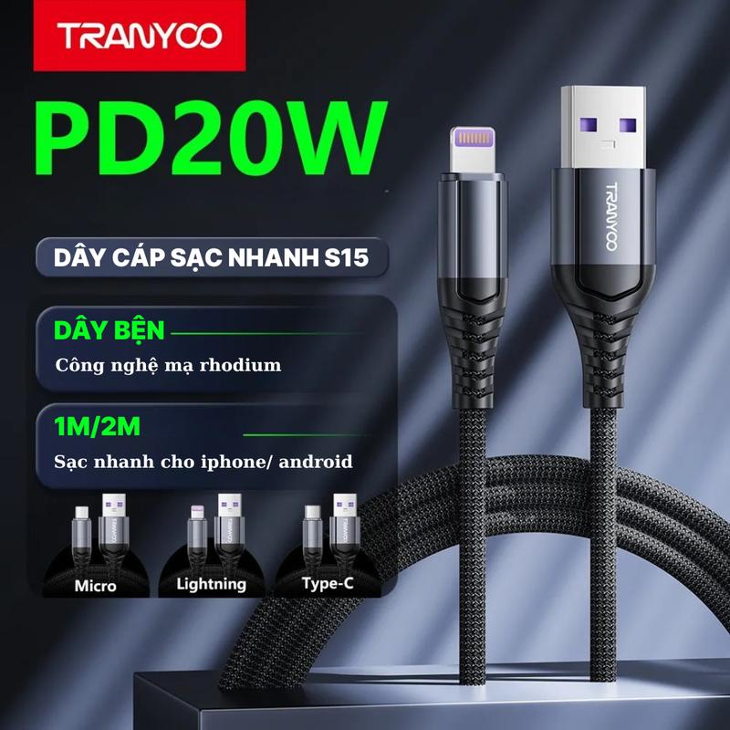 TRANYOO Cáp Sạc Nhanh PD20W T-S15 USB-A Sang Type-C lightning Sạc Nhanh Cho Nhiều Thiết Bị Android IOS - Dây Bện Chắc Chắn Chống Oxy Hóa - Phụ Kiện Sạc Điện Thoại sacnhanh android