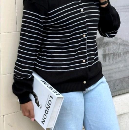 SWEATER RAJUT CARDIGAN KANCING MUTIARA cardigan stripe jumbo Nyaman Knitwear Wanita Outer 1