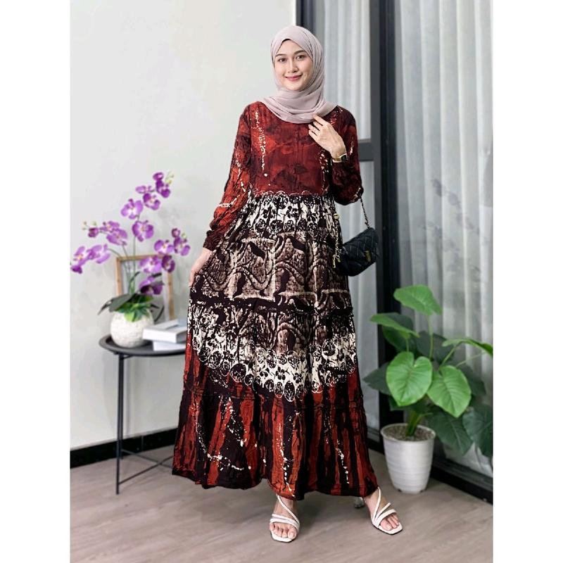 Zaneera Batik - Gamis Twill Ori Cap Malaman Pekalongan Rayon Premium Tebal Berkualitas Motif Tiara Series Dress Muslim Wanita Terbaru Model Susun Rempel Karet Nyaman Lembut 6