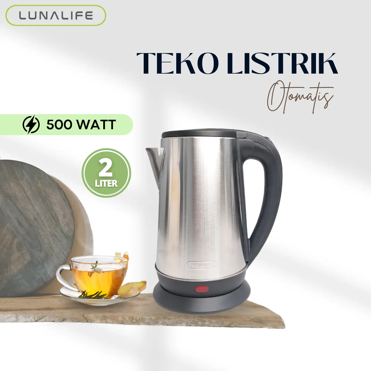 LUNALIFE Teko listrik LK502B Kapasitas 2L Pemanas Air Stainless Elektrik Kettle 500 Watt Daya Rendah