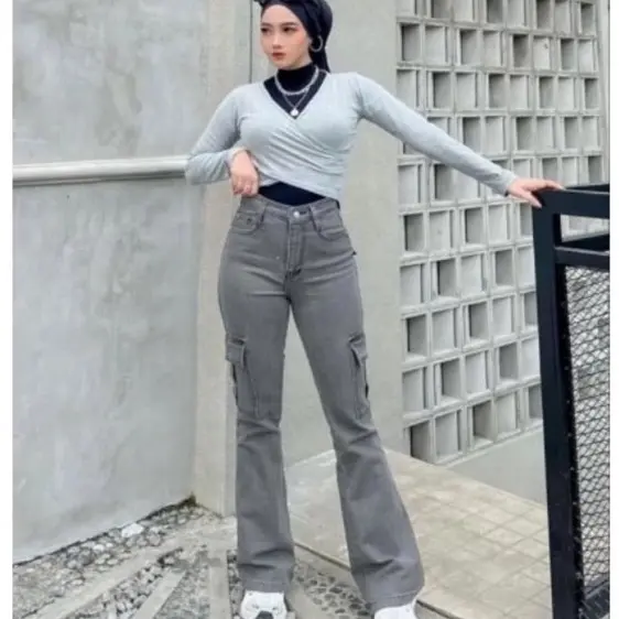Celana Cargo Cutbray Stretch Highwaist Jeans Size27-34 Panjang Wanita Loose