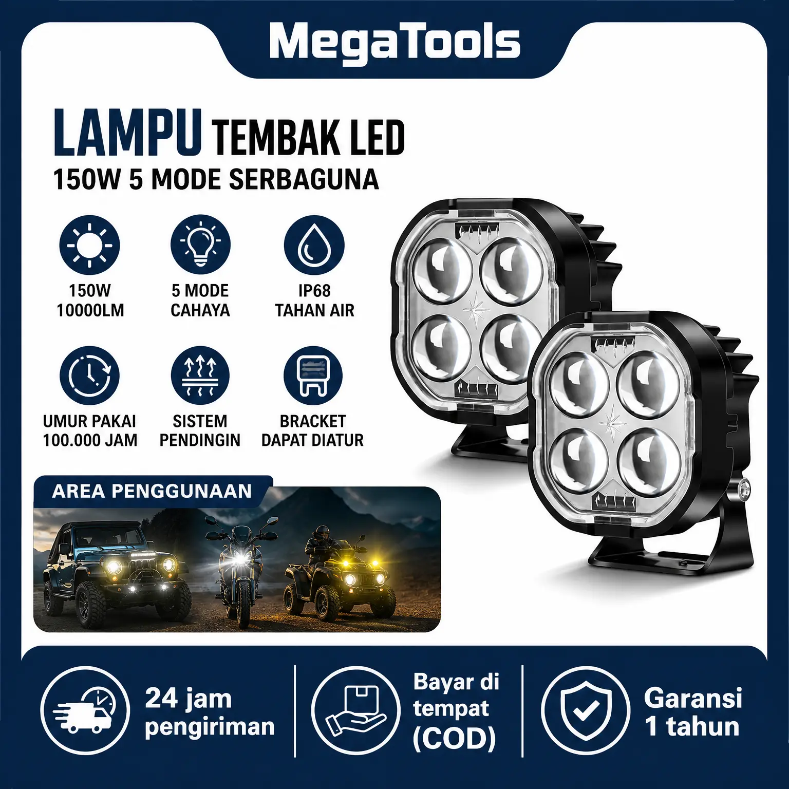 MegaTools Lampu Tembak/Sorot Laser Gun LED D4/150W 9-85V Worklight/4 Titik Mata 150 Watt/Motor Mobil Sorot 150Watt Lasergun 150W 150 Watt/Dimodifikasi Lampu Sorot Kendaraan Off-road Rekayasa/Lampu Sorot Tembak LED/Lampu Kerja LED Mobil 150 Car