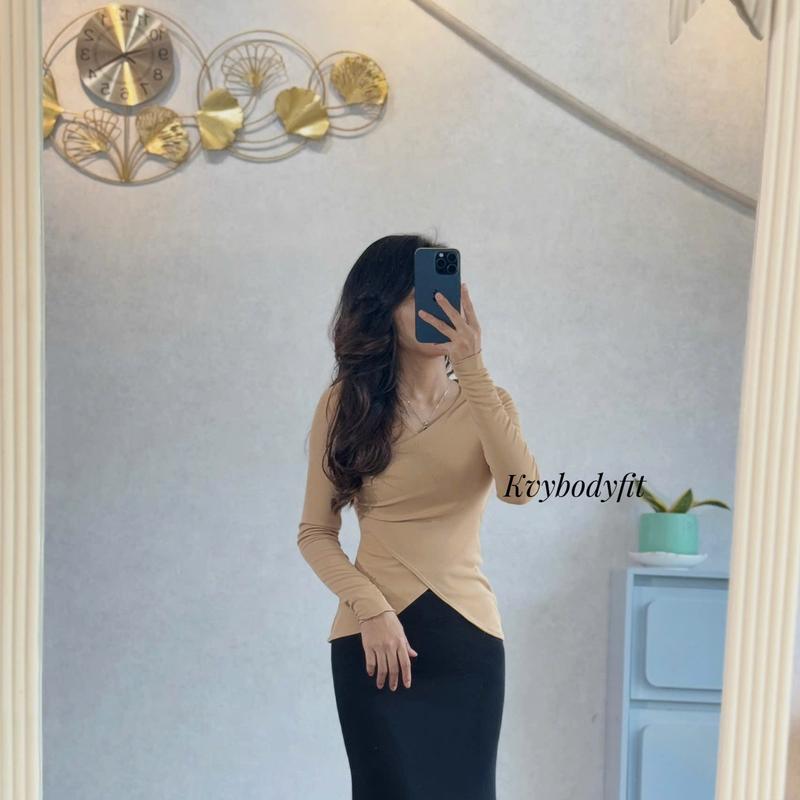 Áo thun tay dài chéo cổ Kvy A1 chất thun cotton nhập mịn dày dặn co giãn tốt 5