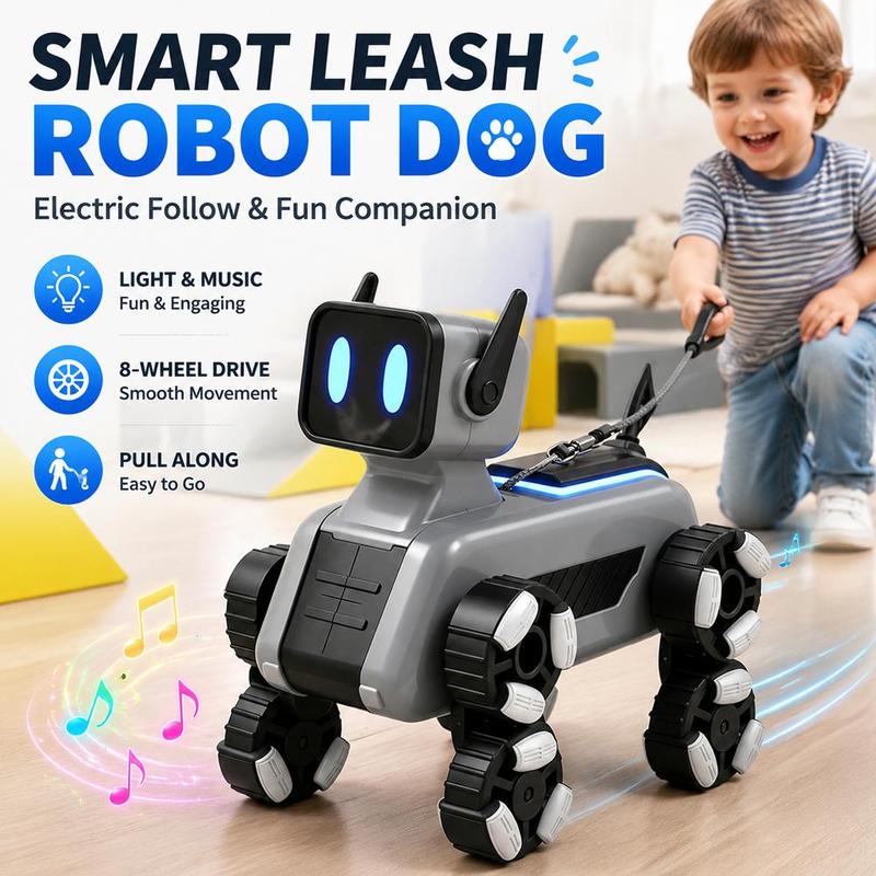 Chó robot có mắt phát sáng LED điều khiển từ xa, đồ chơi giáo dục cho trẻ em, chó robot 8 bánh di chuyển, chó con tương tác có nhạc, kèm dây dắt, thú cưng điện tử, giúp bé học tập