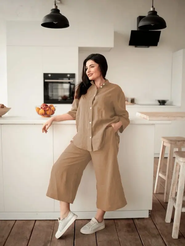 MADHARSHOP Sarra Oneset 2In 1 Polo Linen Setelan Celana Wanita 7/8 Dewasa Polos Kekinian Allsize 2