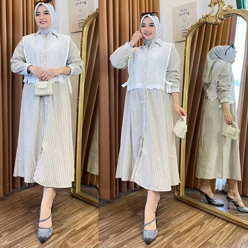 Long dress Tunik wanita Burkat Terbaru/Dress Tunik salur Ful kancing Kekinian/Tunik dress midi motif kombinasi Burkat Premium 2