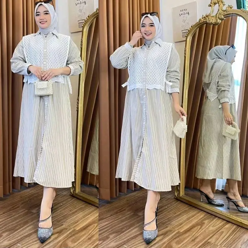 Long dress Tunik wanita Burkat Terbaru/Dress Tunik salur Ful kancing Kekinian/Tunik dress midi motif kombinasi Burkat Premium 2