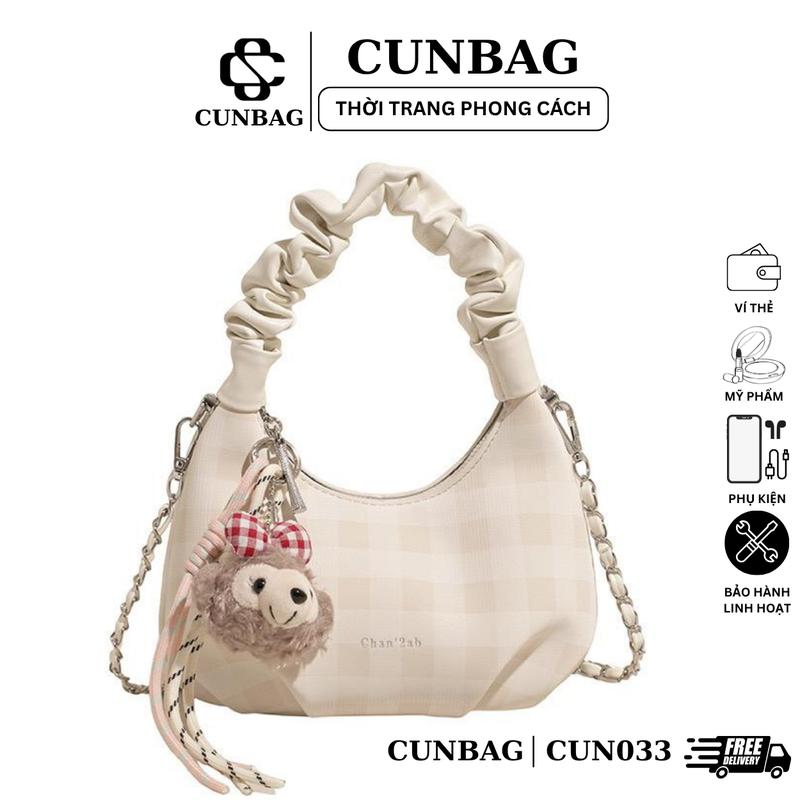 DEAL MỞ BÁN TẶNG MÓC Túi Xách Nữ Kẻ Caro Tay Nhún Kèm Móc Gấu Bông Dễ Thương CUN033
