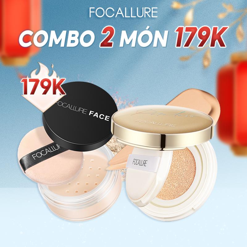 FOCALLURE Combo 2 Món Cushion Phấn Nước Hỗ Trợ Che Khuyết Điểm + Phấn Phủ Dạng Bột Hỗ Trợ Kiềm Dầu Phù Hợp Trang Điểm Hằng Ngày Cho Mọi Loại Da