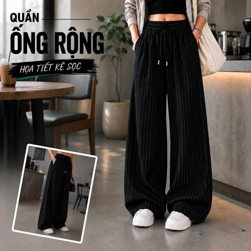 Quần ống rộng kẻ sọc ZGO unisex lưng chun vải kate thoáng mát không nhăn form…
