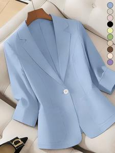 Un blazer de mujer de color puro y lino fino, ligero y de buen gusto, con manga de siete cuartos, adecuado para primavera y verano, ideal para uso diario.