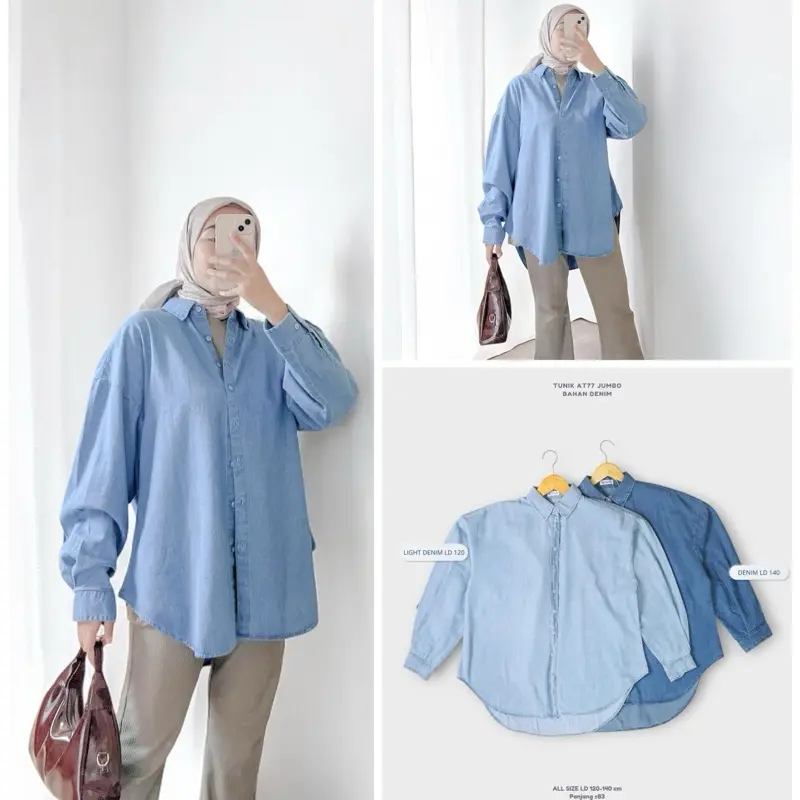 Anyostore AT77 Atasan Kemeja Jeans Oversize Wanita Jumbo Bahan Denim 2
