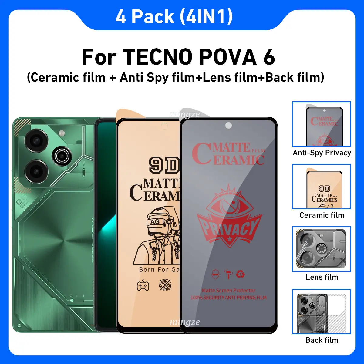 TECNO POVA 6 Pro 5G 4 dalam 1, filem kaca terbaja lembut untuk privasi anti-perisik, filem seramik dan filem belakang TECNO POVA 6, kaca pelindung + filem kanta + filem belakang