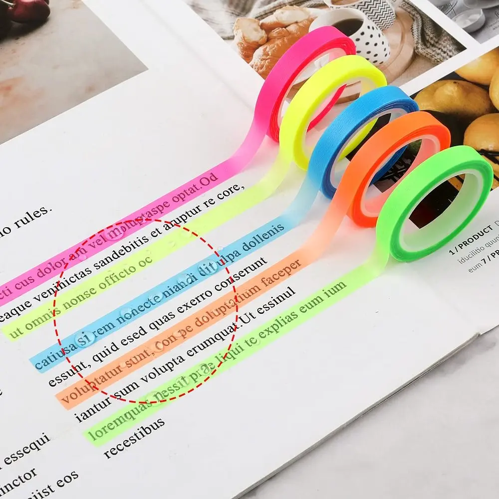 Practical 5 Rolls Highlighter Sticker Transparent Adhesive Fluorescent Index Tabs PET Marking Sticker Stationery