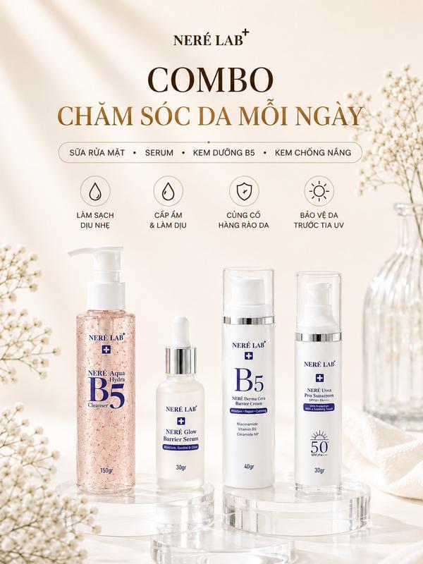 Combo 4 Sản Phẩm – Sữa Rửa Mặt B5 150g, Serum 30g, Kem Dưỡng B5 40g, Kem Chống Nắng 30g NERÉ LAB