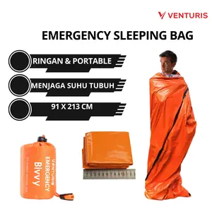 Venturis Selimut Darurat Emergency Sleeping Bag Bivvy 91x213cm Tahan Air & Panas Orange Cerah Ringan Praktis untuk Camping