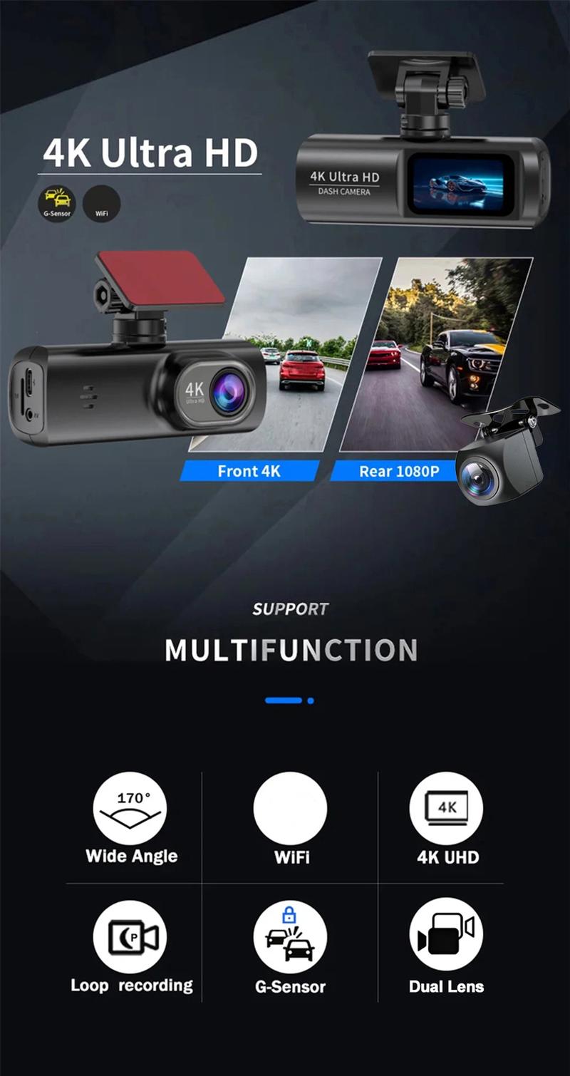 Product Introduction of HD 4K dual lens driving recorder black box driving recorder car DVR 1080P rear camera built-in WiFi GPS 24-hour parking monitor Includes 128GB TF 38
