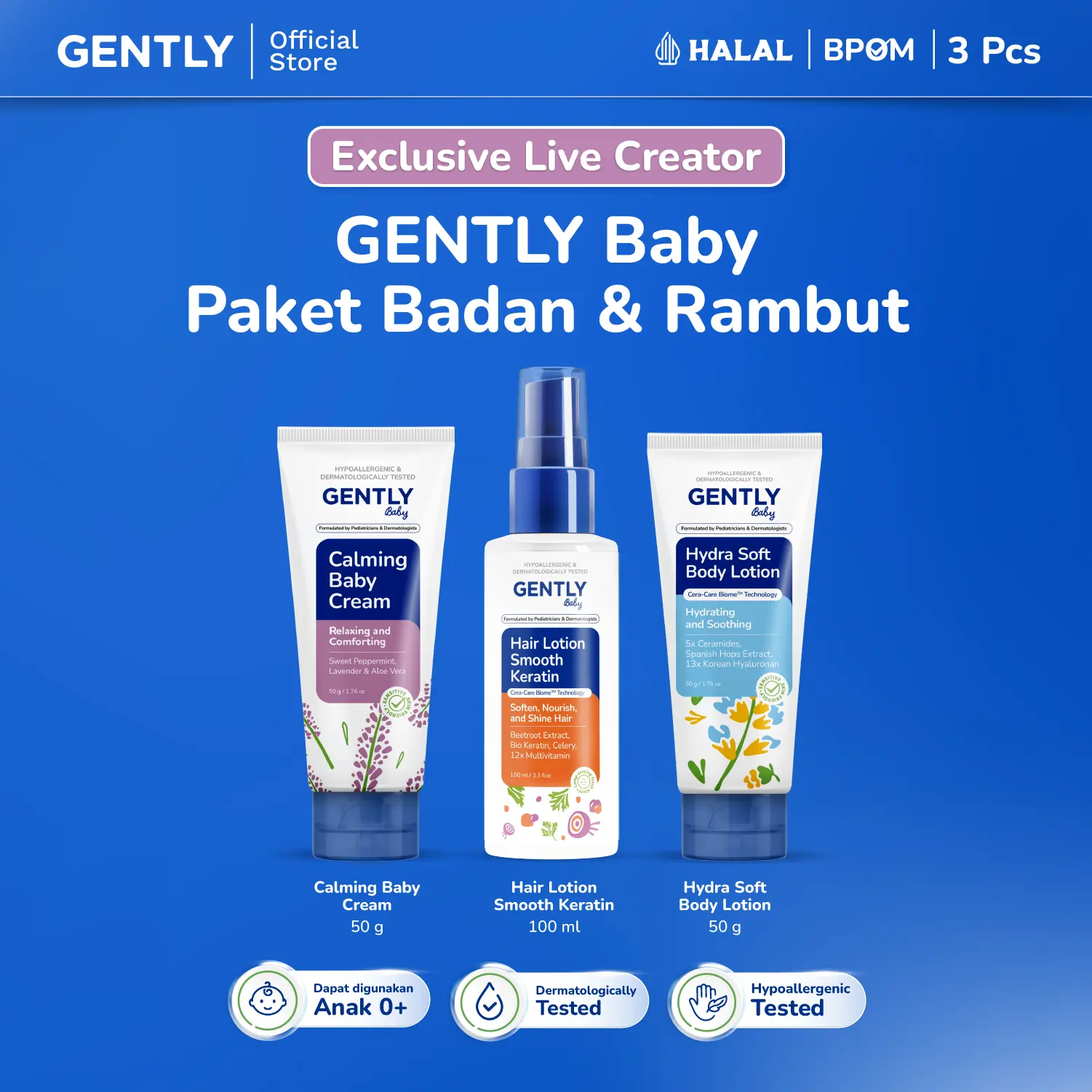 [EXCLUSIVE CREATOR] GENTLY Baby Paket Badan & Rambut | Paket Calming Baby Cream 50 g Krim Bayi Nyaman untuk si Kecil + Hair Lotion Smooth Keratin 100 ml Lotion Rambut Anak Tebal, Halus, Wangi + Hydra Soft Body Lotion 50 g Moisturizer Bayi & Anak